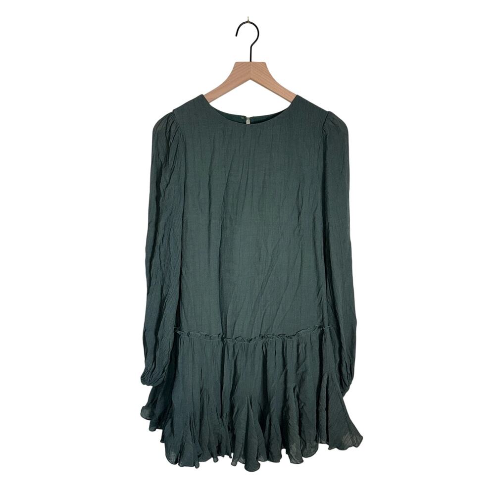 HELLO MOLLY wedding guest long sleeve ruffle hemline forest green mini dress S
